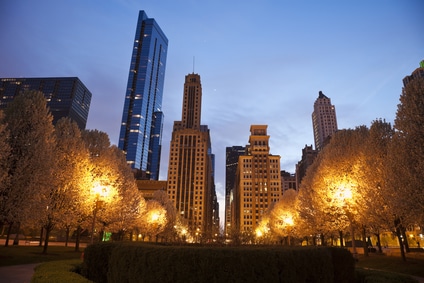 Chicago architecture is seen from Millennium Park. Chicago, Illinois, USA. Stockfresh