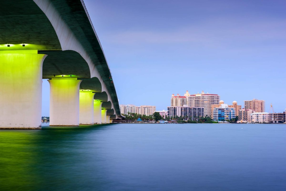 Sarasota, Florida, USA skyline at Sarasota Bay.