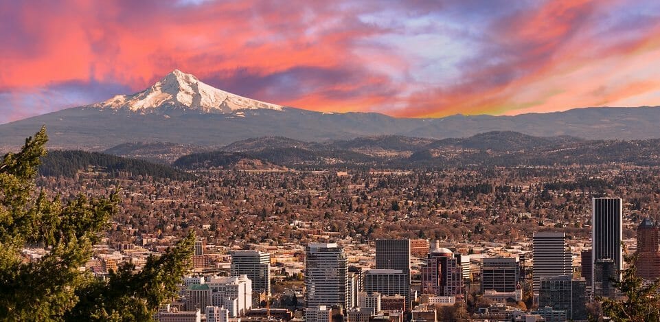 Sunrise View of Portland, Oregon from Pittock Mansion.