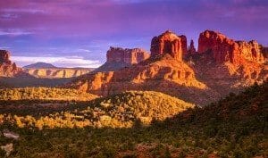 Scenic view of Cathedral Rock in Sedona, Arizona in the evening light