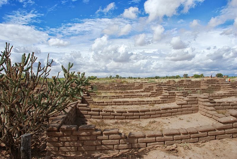 These are reconstructed ruins to resemble the original Kuaua Ruins at the Coronado State Monument. Also featured in the picture are the cactus plant known as tree cholla (Cylindropuntia imbricata). Author Skarz