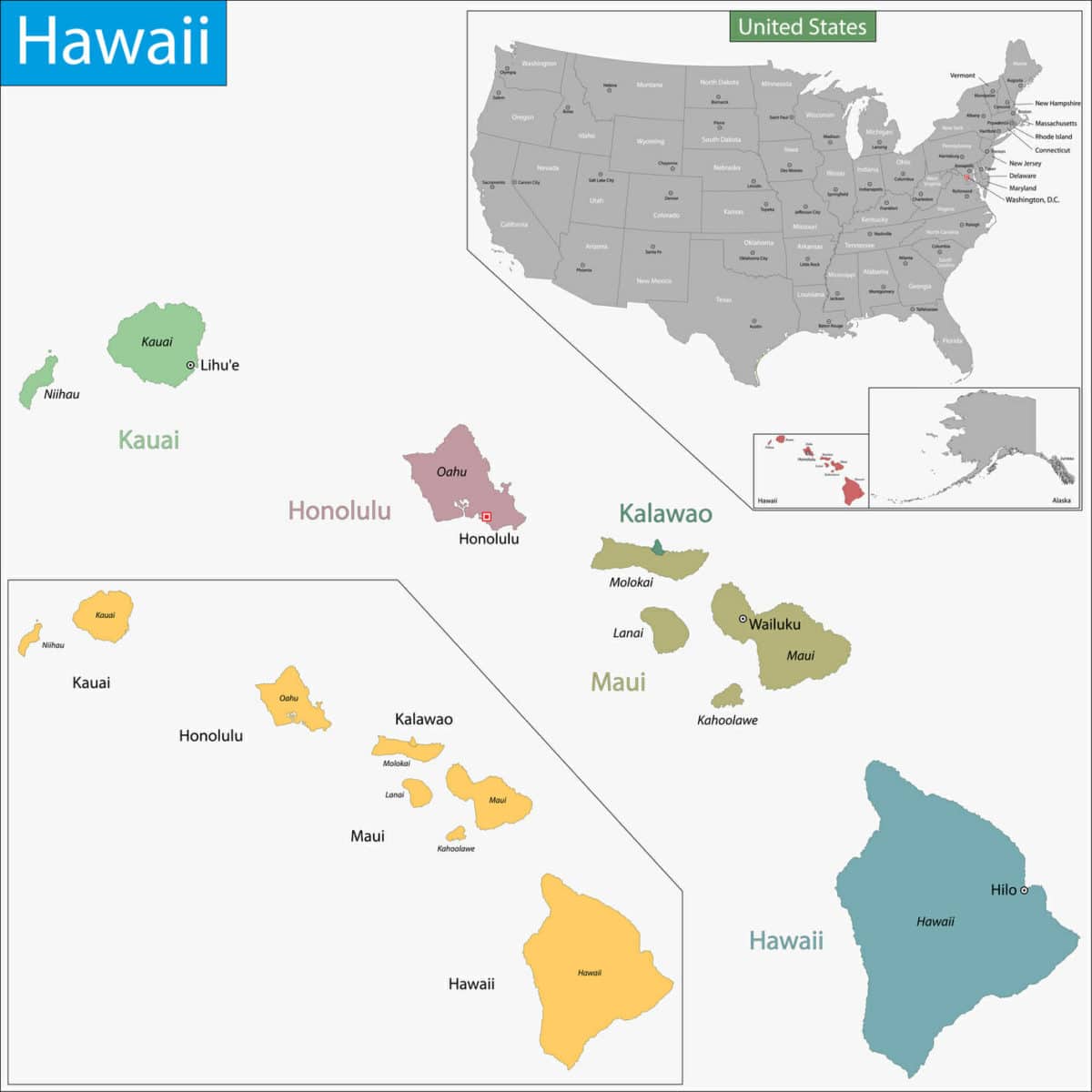 Map of Hawaii state designed in illustration with the counties and the county seats