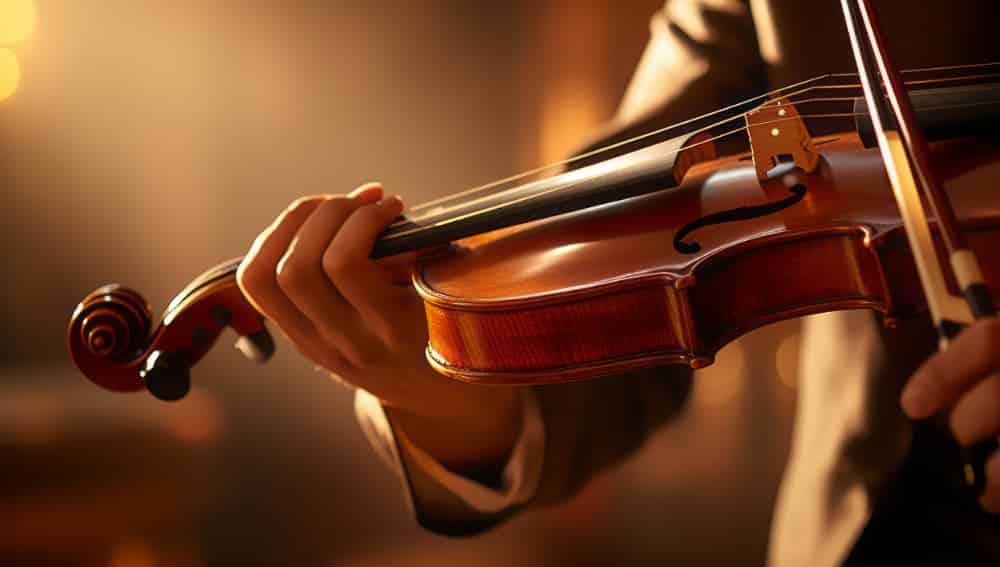 A close-up of a musician's hands playing a violin under warm stage lighting.