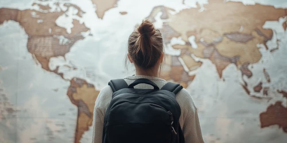Student with backpack looking at destination map