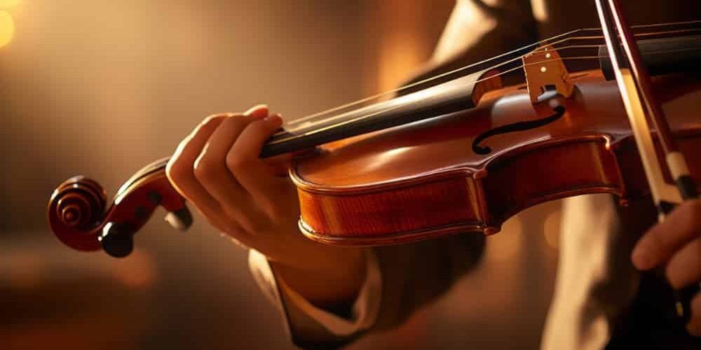 A close-up of a musician's hands playing a violin under warm stage lighting.